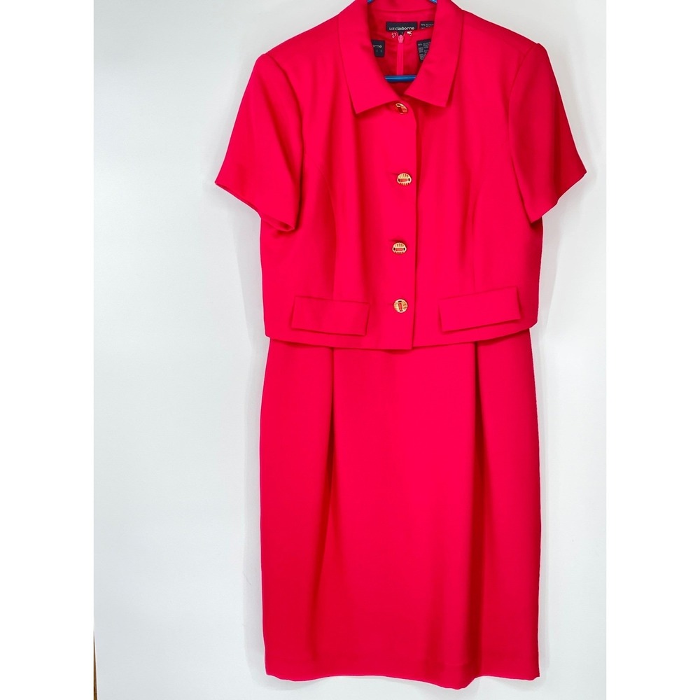 Liz Claiborne Womens Jacket Dress 12 Sheath Red Vintage Gold Buttons